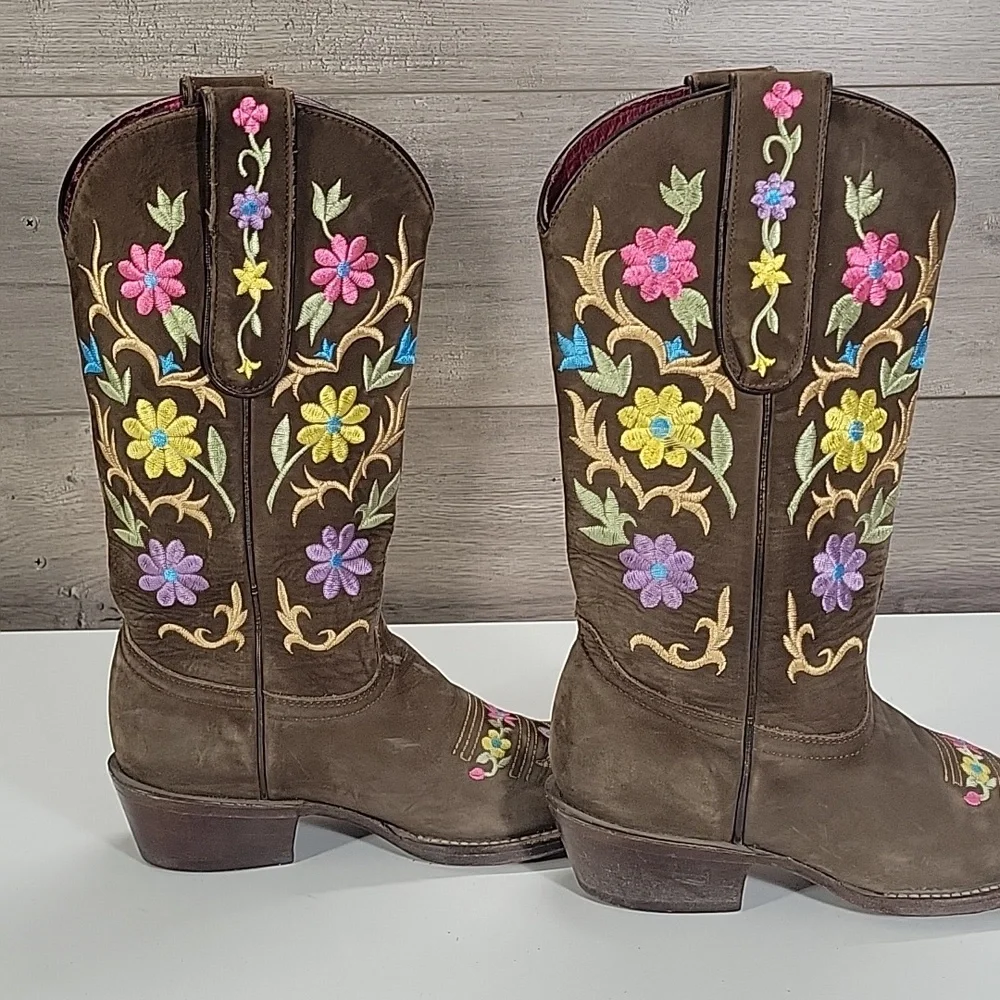 Girls El General Brown Leather Cowboy Boots with Floral Embroidery Sz 6